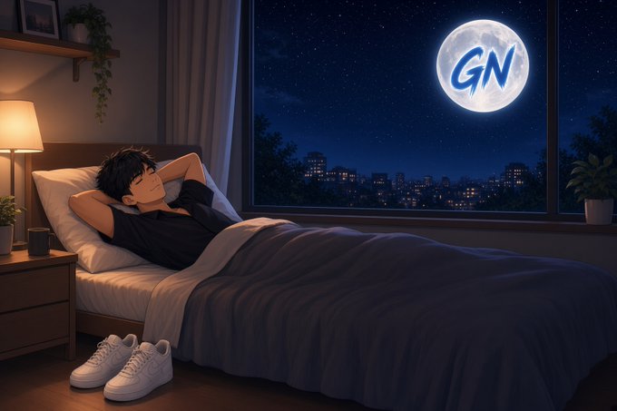 Anime-style illustration of a young man with dark hair relaxing in bed, hands behind his head, gazing out a window at a city skyline under a starry night sky with a large moon displaying the letters 'GN'.
