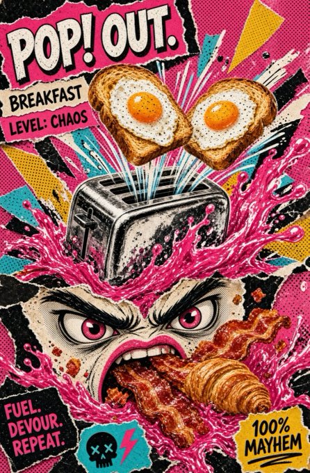 A vibrant pop-art style poster reading 'POP! OUT. BREAKFAST LEVEL: CHAOS' featuring fried eggs bursting from a toaster, a screaming face eating bacon, with text 'FUEL. DEVOUR. REPEAT.' and '100% MAYHEM'.