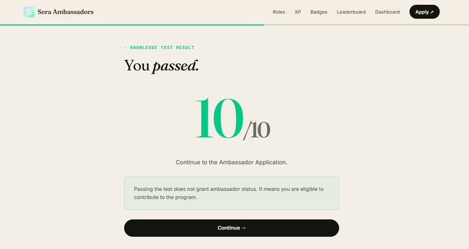 A Sera Ambassadors page showing a 'KNOWLEDGE TEST RESULT' of 'You passed' with a score of 10/10, noting eligibility to continue to the Ambassador Application.