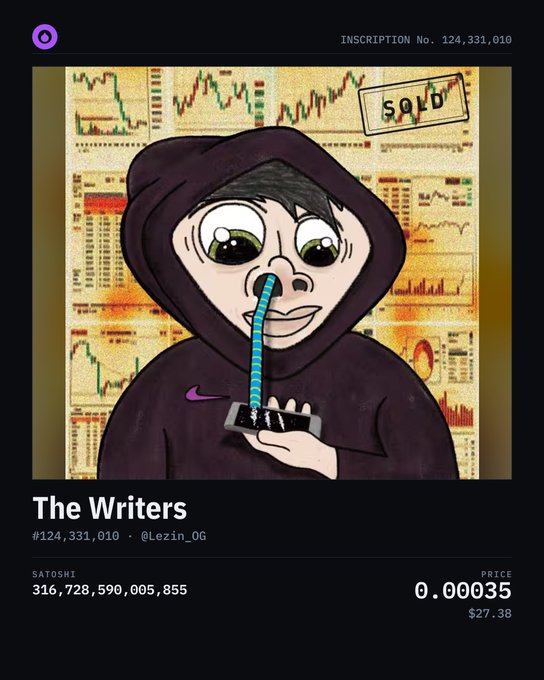 An NFT listing titled 'The Writers' (#124,331,010) by @Lezin_0G, depicting a cartoon character in a black hoodie with a nose tube, set against a background of financial charts with a 'SOLD' stamp.