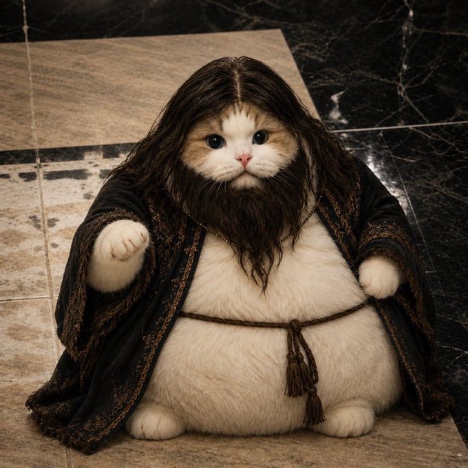 A fluffy cat in a robe and wig, resembling Hagrid, is featured in an image accompanying a post announcing a $100,000 giveaway ending this month, with the account closing afterward.