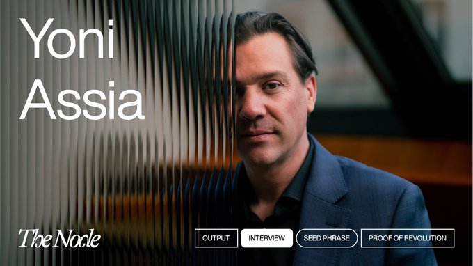 A portrait of Yoni Assia, founder of eToro, appearing on 'The Node' with navigation buttons labeled 'OUTPUT', 'INTERVIEW', 'SEED PHRASE', and 'PROOF OF REVOLUTION'.