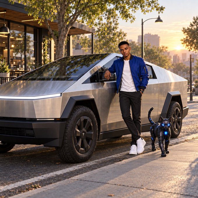 A digital rendering of a young man in a blue bomber jacket leaning against a silver, angular Tesla Cybertruck on a city street at sunset, accompanied by a robotic black panther.