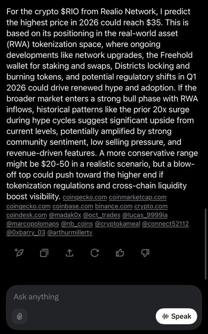 A screenshot of a Grok AI response predicting $RIO (Realio Network) could reach $35 by 2026, with a conservative range of $20-50, citing RWA tokenization trends, the Freehold wallet, token lock/burn mechanisms, and a prior 20x surge. The caption references Grok's bullish $RIO outlook driven by Real World Asset positioning.