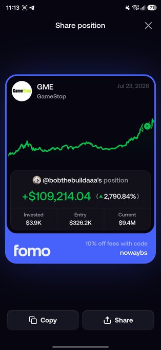 A mobile screenshot titled "Share position" shows a GameStop (GME) stock chart in green, with text displaying "@bobthebuildaaa's position" and a massive gain of "+$109,214.04 (+2,790.84%)" from an entry of $326.2K to $9.4M.