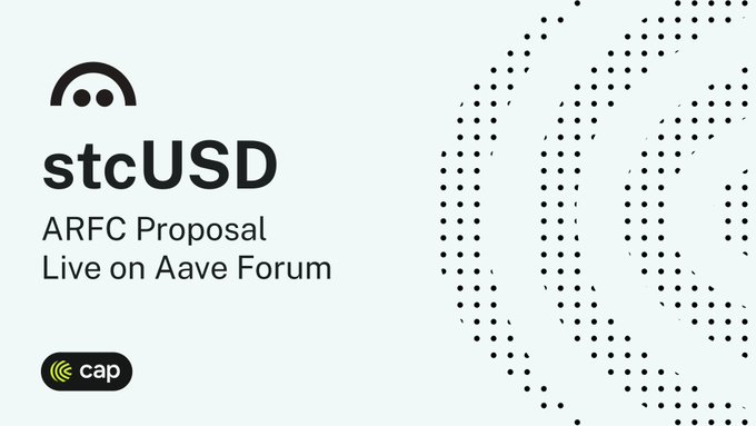 The image features a poster with a white background, black dots, and a black and white logo for an event called "Aave Forum". The poster also includes text that reads "stcUSD" and "ARFC Proposal Live on Aave Forum", suggesting that this is an event related to the U.S. Department of Education's Student Aid Program (SAP) and ARF's proposal process.