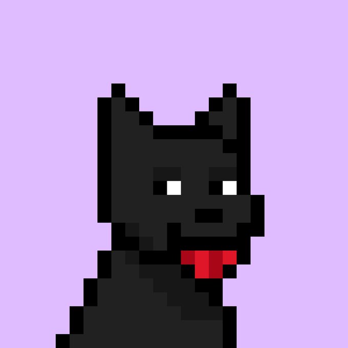 A pixel art illustration depicts a black cat with glowing white eyes and a red collar or bow against a solid light purple background.