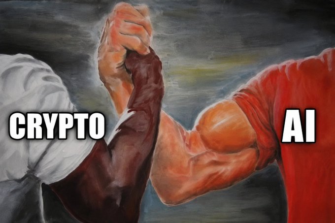 An oil painting-style meme depicting an arm wrestling match between a white-sleeved arm labeled 'CRYPTO' and a muscular red arm labeled 'AI'.