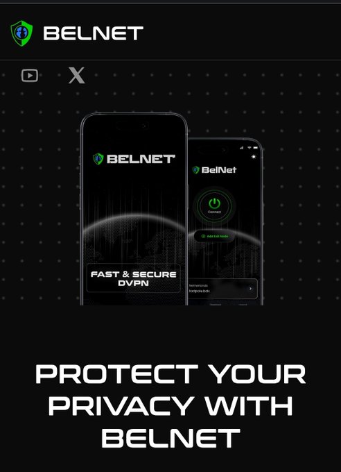 An advertisement for 'BELNET' DVPN with the tagline 'PROTECT YOUR PRIVACY WITH BELNET', showing app interfaces on two smartphones.