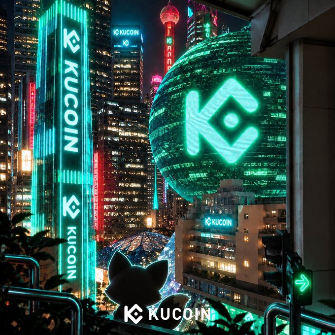 A neon-lit cyberpunk-style cityscape at night features prominent KuCoin branding, including a large 3D sphere with the KuCoin logo, towering skyscrapers with vertical KUCOIN signage, and the Oriental Pearl Tower visible in the background.