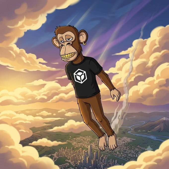 A cartoon-style illustration of a Bored Ape-style monkey character wearing a black t-shirt with a 3D cube logo, depicted floating above a city landscape with dramatic clouds.