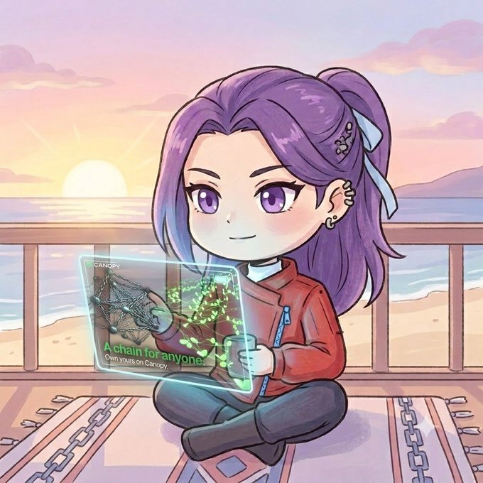 An anime-style illustration of a purple-haired girl with a ponytail sitting on a rug at sunset, holding a holographic card displaying the Canopy blockchain network logo with text 'A chain for anyone. Own yours on Canopy.'