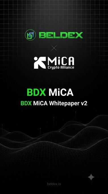 A dark promotional graphic for 'BELDEX x MiCA' announcing the 'BDX MiCA Whitepaper v2' with beldex.io at the bottom.