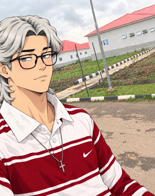 An anime-style illustration of a silver-haired man wearing glasses, a cross necklace, and a red and white striped Nike polo shirt, with a building and road in the background.