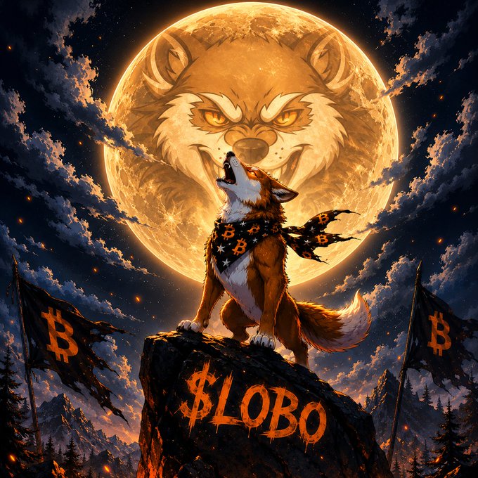 An artistic illustration of a fox-like wolf howling atop a rock marked '$LOBO', flanked by Bitcoin flags, with a giant glowing moon in the background displaying a menacing wolf face.