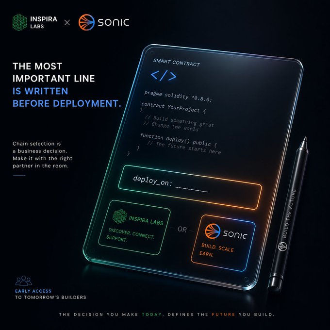 A dark promotional graphic featuring Inspira Labs × Sonic with the tagline 'THE MOST IMPORTANT LINE IS WRITTEN BEFORE DEPLOYMENT,' showing a futuristic tablet displaying Solidity code and a pen labeled 'BUILD THE FUTURE.'