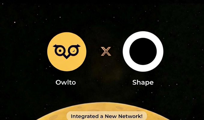 The image features a promotional poster for Owlto, which is an owl logo with a white circle containing an x inside of it. Below this logo, there are two descriptions written in black text that read "integrated a new network" and "shape". The background of the poster is dark gray, and there is a planet visible in the bottom right corner of the image.