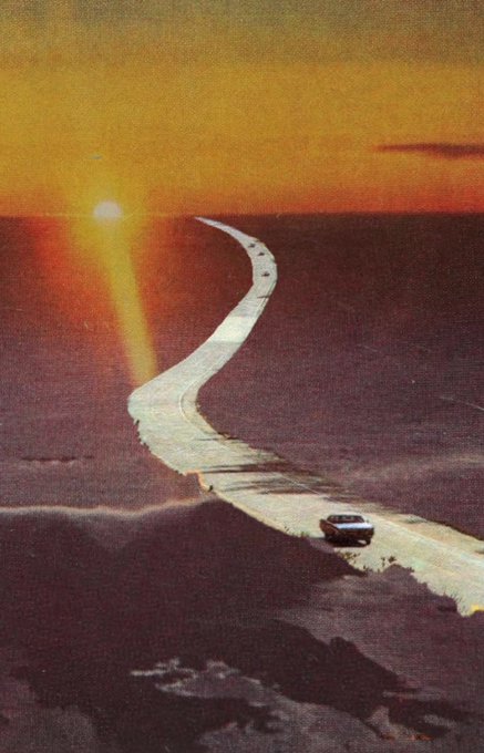 A vintage-style illustration of a winding white road leading toward a glowing orange sunset, with a lone car traveling along it across a dark landscape.