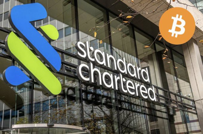 The image shows the Standard Chartered bank building with its logo, alongside an overlaid Bitcoin symbol, visually illustrating the post's news that Standard Chartered is now offering institutional spot Bitcoin and Ethereum trading services in the UAE.