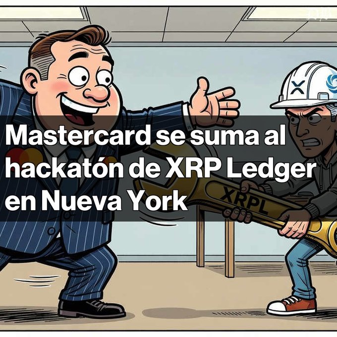 A cartoon graphic showing a Mastercard mascot excitedly greeting a construction worker holding a large golden 'XRPL' key, with text reading 'Mastercard se suma al hackatón de XRP Ledger en Nueva York'.