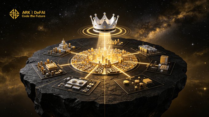The image displays a floating asteroid-like platform showcasing a glowing golden city crowned with a large royal crown, surrounded by interconnected circular zones featuring various structures, all set against a starry cosmic backdrop with the "ARK | DeFAI Code the Future" logo in the top left corner. This visual metaphor illustrates the post's message that Arkie AI App creates powerful ecosystems through interconnected AI agents, where the unified crown represents "One architecture" and the radiating zones symbolize "Endless expansion" across diverse tasks and workflows.