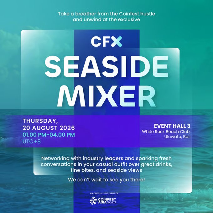 Promotional flyer for the 'CFX Seaside Mixer' on Thursday, 20 August 2026, from 01:00 PM-04:00 PM UTC+8, held at Event Hall 3, White Rock Beach Club, Uluwatu, Bali, as an official side event of Coinfest Asia 2026.