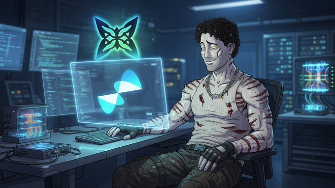 A stylized illustration shows a pale, blood-streaked figure resembling a horror movie character sitting at a workstation, with a butterfly logo and a glowing propeller-like symbol hovering above a holographic monitor displaying code. The eerie, zombie-like hacker aesthetic paired with the butterfly emblem evokes the post's mention of poking around a testnet, suggesting a darkly themed parody of someone running "optimization jobs" on an unconventional blockchain project.