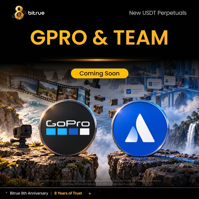 A promotional graphic from Bitrue announces the upcoming launch of new USDT Perpetuals trading pairs: $GPROUSDT (GoPro) and $TEAMUSDT (Atlassian), featuring the two company logos alongside GoPro's action camera imagery against a dramatic mountain backdrop, with "Coming Soon" text and an "8th Anniversary" badge celebrating 8 years of trust.