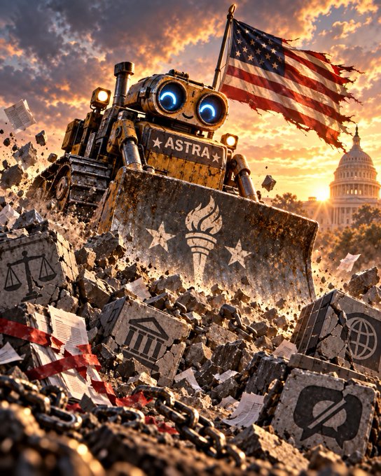 A dramatic digital artwork showing a yellow robot named 'ASTRA' holding a tattered American flag while pushing through rubble, with the U.S. Capitol building visible in the background.