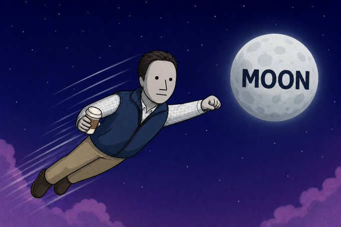 A cartoon illustration depicts a man with a neutral face flying through a starry night sky holding a coffee cup, reaching toward a moon labeled 'MOON'.