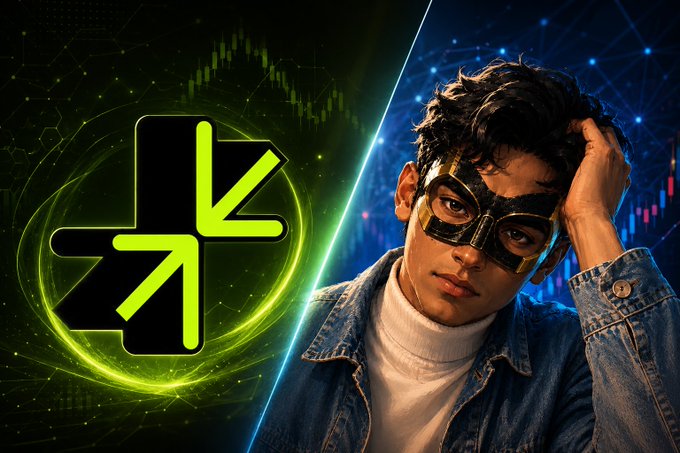 A promotional graphic featuring a young man wearing a domino mask and denim jacket, beside a green circular logo with arrows, set against stock chart backgrounds.