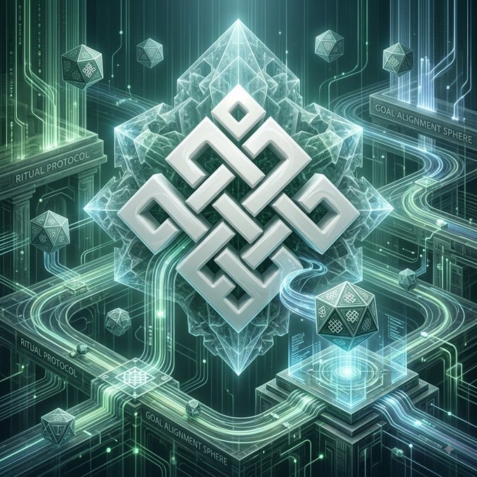 A futuristic, glowing teal digital artwork featuring an endless knot symbol surrounded by circuitry, geometric shapes, and text reading 'RITUAL PROTOCOL' and 'GOAL ALIGNMENT SPHERE'.