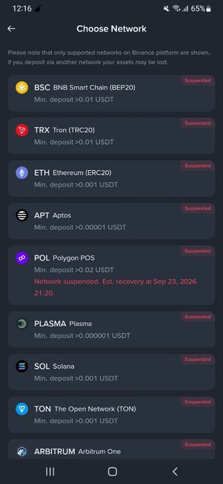 A 'Choose Network' screen on a cryptocurrency app showing suspended networks including BSC, TRX, ETH, APT, POL, PLASMA, SOL, TON, and ARBITRUM, each marked with minimum USDT deposit requirements.