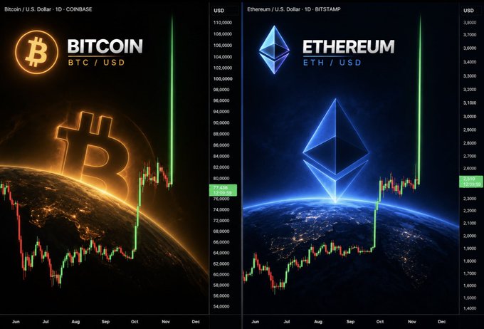 A side-by-side cryptocurrency market chart showing Bitcoin (BTC/USD on Coinbase) trading around $77,438 and Ethereum (ETH/USD on Bitstamp) near $2,915 on daily candlestick charts spanning June to December. The dramatic upward spikes on both charts visually reinforce the post's bullish anticipation of a major rally should the Clarity Act receive approval today.