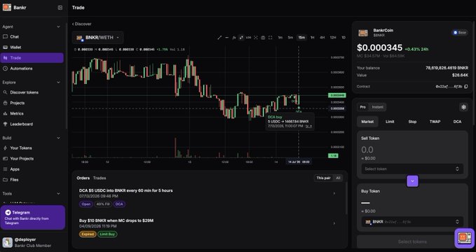 A screenshot of Bankr.bot's updated trading interface showing the BNKR/WETH price chart on the Discover tab, displaying BTC, ETH, and BNKR balances totalling 78,478,826.4491 $BNKR ($26.6K), alongside advanced order options including Market, Limit, Stop, TWAP, and DCA, with $BNKR trading at $0.000345 (+0.43%). The interface highlights the new features mentioned in the announcement: visible advanced order placement directly on the chart, improved routing for tokens, and the zero interface fees policy.