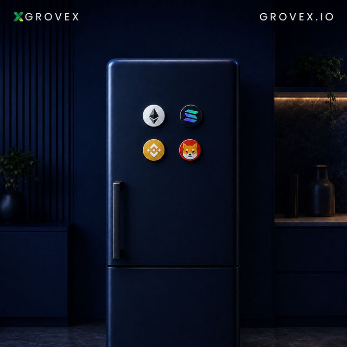 A promotional advertisement for Grovex.io showing a dark blue refrigerator with crypto-themed magnets, including Ethereum, Solana, Binance, and Shiba Inu logos, in a modern kitchen setting.