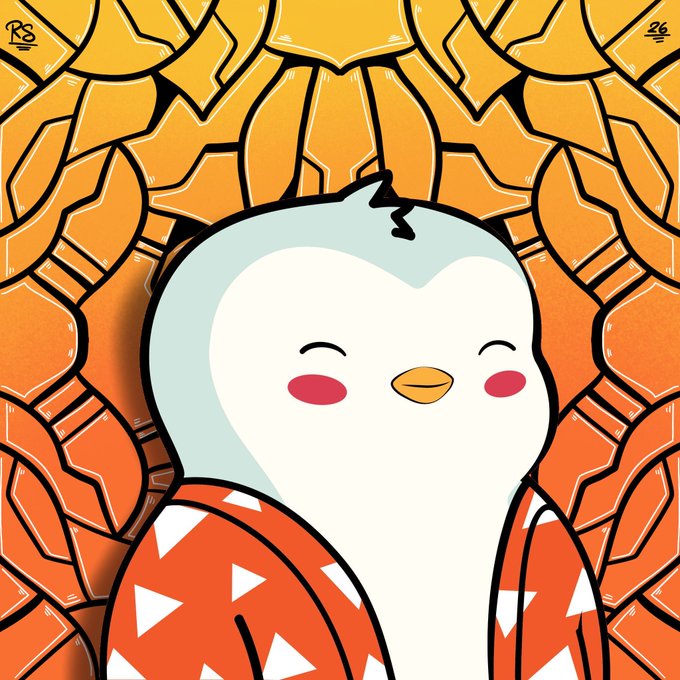 A cartoon illustration of a cute white bird chick wearing an orange and white triangle-patterned hoodie, set against a vibrant orange graffiti-style background.
