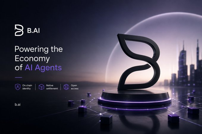 A promotional banner for B.AI with the tagline 'Powering the Economy of AI Agents,' featuring a stylized 3D 'B' logo on a platform with purple neon accents against a futuristic cityscape and planet backdrop. Features listed include 'On chain identity,' 'Native settlement,' and 'Open access,' with the URL b.ai.