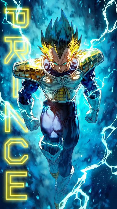 Anime artwork depicts a spiky-haired Saiyan warrior in blue and white Saiyan armor surrounded by intense blue lightning energy, with the word 'PRINCE' displayed in neon yellow text.