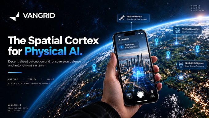 An advertisement for VANGRID, 'The Spatial Cortex for Physical AI,' showing a hand holding a smartphone capturing spatial data against a backdrop of Earth from space.