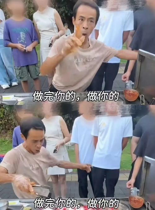 The image shows two frames of a man in a beige "BLUELINE" t-shirt at an outdoor cooking setup, pointing emphatically while holding a bottle of orange sauce, with Chinese subtitles reading "做完你的，做你的" (meaning "After you're done, yours") as people wait in line behind him.

The chaotic, queue-jumping scene visually parodies the "messy pot" of drama described in the caption about Chinese crypto circle disputes, with the man's impatient finger-pointing and bottling-up gestures humorously symbolizing the frustrated, point-counter-point nature of multiple incidents (Binance perp listing failure, token launch skepticism, and "Brothers" drama) all boiling over at once.