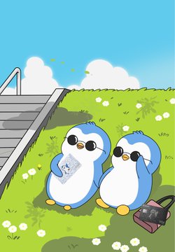 A cute illustration of two blue penguin characters wearing sunglasses sitting on grass near a swimming pool ladder, with one holding a piece of paper and a portable gaming device nearby.