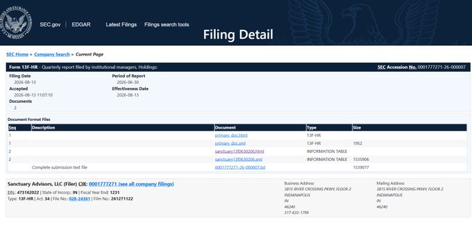 The image shows an SEC EDGAR filing detail page for Sanctuary Advisors, LLC's Form 13F-HR quarterly report (SEC Accession No. 00017727271-26-000007), which discloses institutional holdings. The accompanying post about their additions to Franklin's $XRP ETF relates to this 13F filing, as such transactions are publicly disclosed on EDGAR and represent the type of holdings managers must report quarterly under SEC regulations.