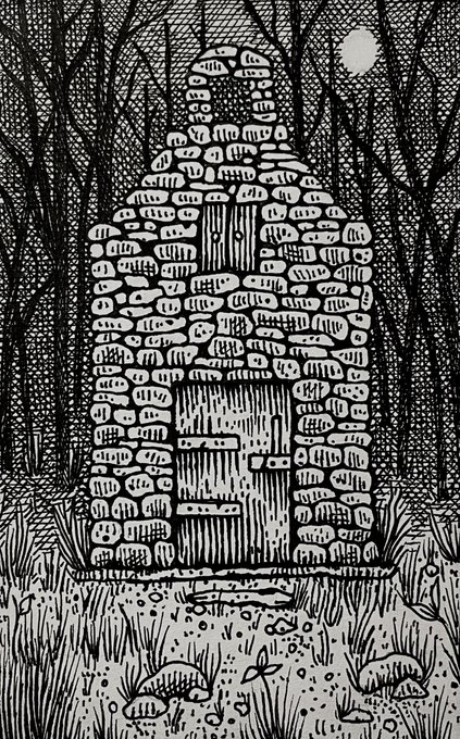 A detailed black and white pen-and-ink illustration of a tall stone tower or structure surrounded by bare trees, with a full moon in the sky and grass in the foreground.