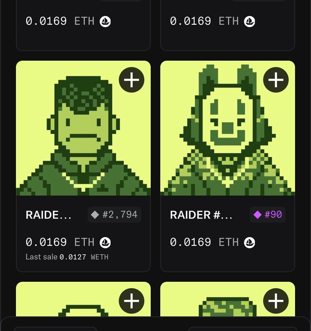 A screenshot from OpenSea displays two pixel-art NFT avatars from the Chain Raiders collection, both priced at 0.0169 ETH, with token IDs #2,794 and #90 (marked with a pink diamond indicating rarity). The image supports the post's claim about "LEGIT rare" Chain Raiders NFTs being available near the floor price.