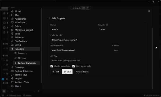 A screenshot of a software interface showing the 'Edit Endpoint' settings for 'Providers' in a 'Custom Endpoints' menu, configured with the URL 'https://api.cetus.network/v1' and model 'queen3.6-27b-uncensored'.