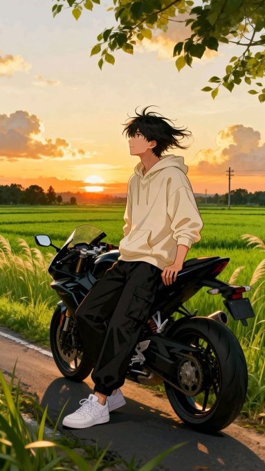 An anime-style illustration of a young man with messy black hair wearing a hoodie, sitting on a black sport motorcycle parked on a path in a grassy field at sunset.