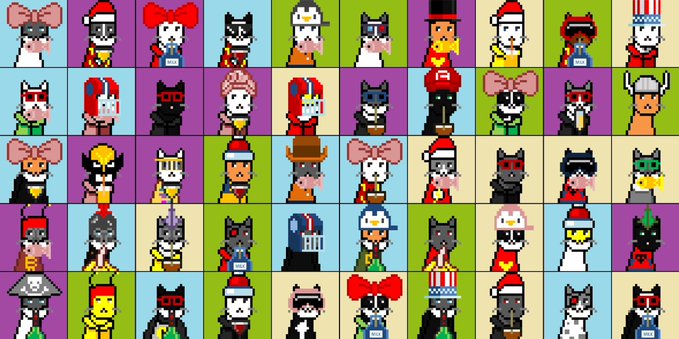 A colorful grid of pixelated cat avatars in various costumes and outfits serves as promotional artwork for the $CASHCAT token, aligning with the post's message about launching on Robinhood App with 10,000 cats collecting protocol fees from swaps, royalties, gacha, and launchpad features, directing users to cashmeow.cash.