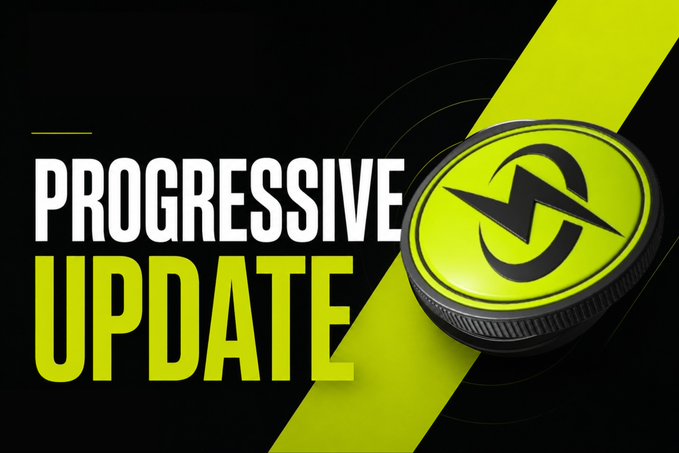 A bold graphic with the text "PROGRESSIVE UPDATE" in white and yellow-green lettering against a black background, accompanied by a green coin emblem featuring a stylized arrow logo, visually reinforcing the announcement of major milestones including a 4chan banner, 25+ crypto platform articles, and a #5 trending spot on DexScreener.