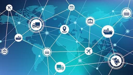 A world map overlaid with interconnected logistics and transportation icons (trucks, ships, planes, trains, warehouses) symbolizing global supply chain networks, visually representing the complex, multi-step coordination that on-chain automation aims to streamline beyond simple smart contracts.